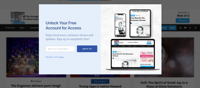 Users will be prompted to sign up for a free account after viewing their first article on the Long Island Press website.